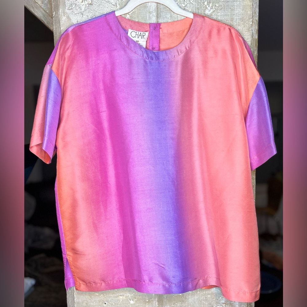 *Vintage* Char Vibrant 100% Silk Blouse Size 12 pink purple orange short sleeve